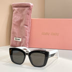 MiuMiu square sunglasses with white frames and black-tinted lenses, in pink pouch