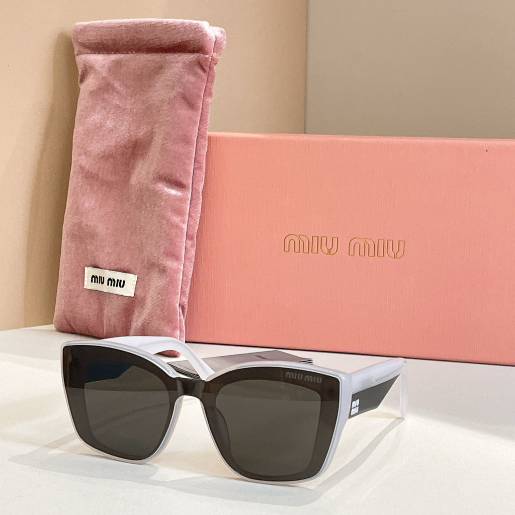 MiuMiu square sunglasses with white frames and dark lenses, in pink pouch