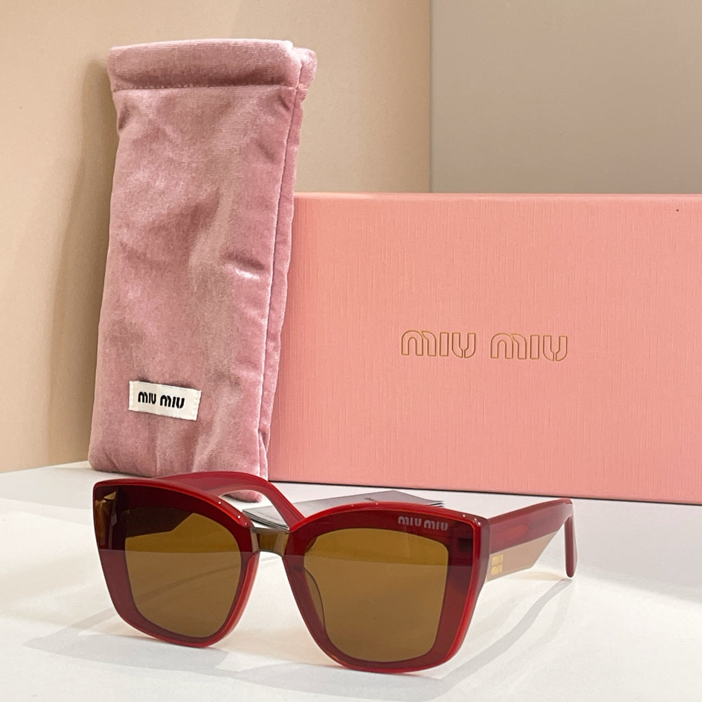 MiuMiu square sunglasses with red frames and amber-tinted lenses, in pink pouch