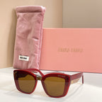 MiuMiu square sunglasses with red frames and amber-tinted lenses, in pink pouch