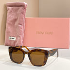 MiuMiu square sunglasses with tortoiseshell frames and amber lenses, in pink pouch