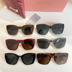 Assorted MiuMiu square sunglasses with mixed frames and dark lenses on display