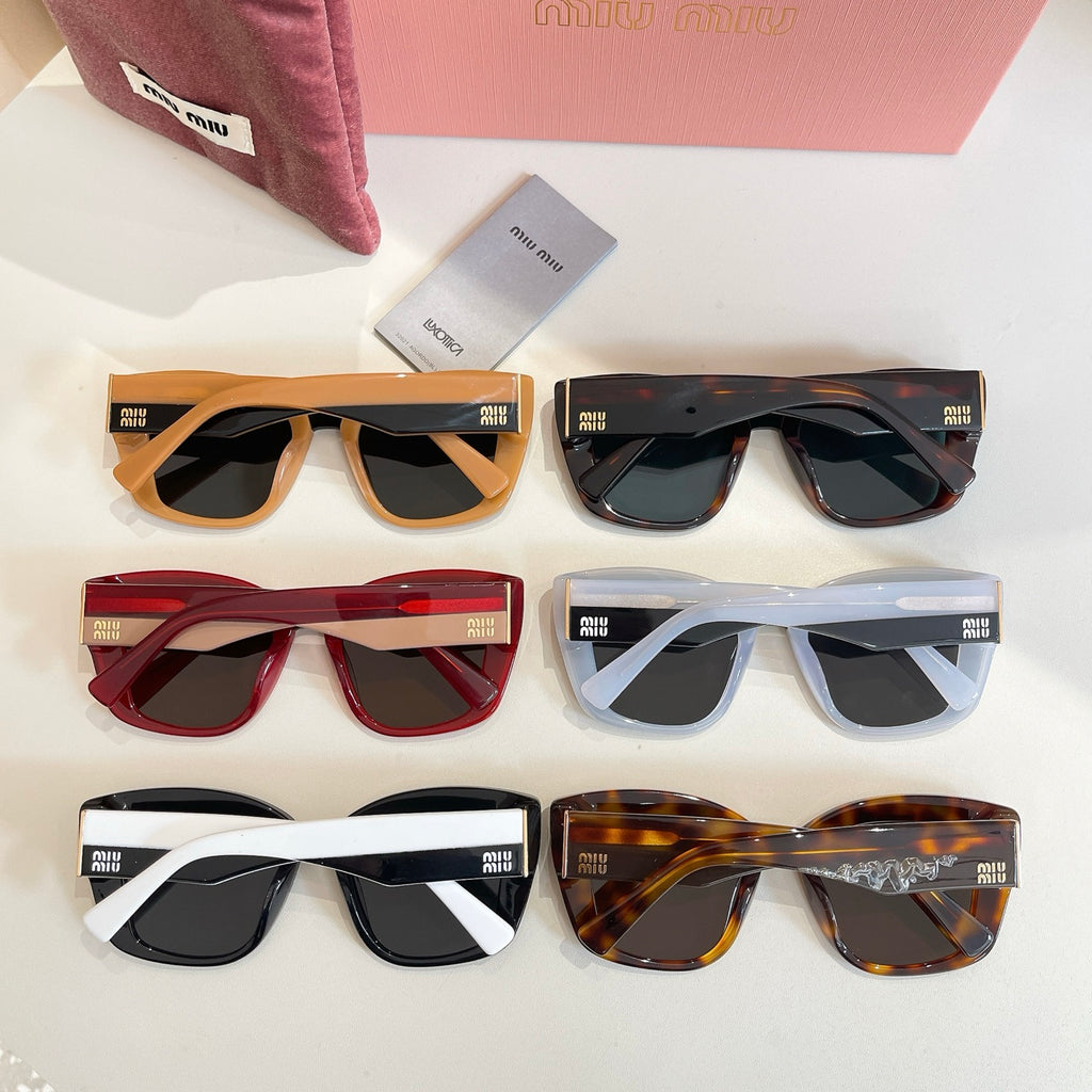 Assorted MiuMiu square sunglasses with mixed frame colors and dark lenses on display