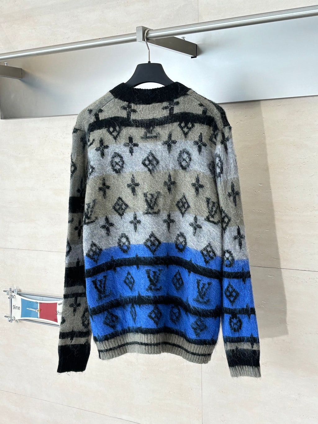 Knit cardigan with crew collar, black, cream & blue monogram stripe pattern