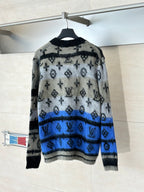 Knit cardigan with crew collar, black, cream & blue monogram stripe pattern