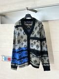 Knit cardigan with V-neck button front, black, cream & blue monogram pattern