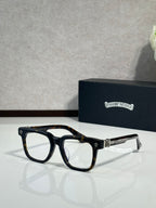 Clear-lens glasses with dark frame and chrome temple details