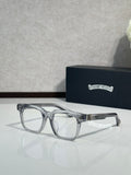 Clear-lens glasses with chrome frame and dark acetate temples