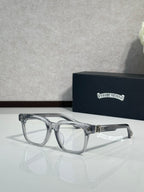 Clear-lens glasses with chrome frame and dark acetate temples