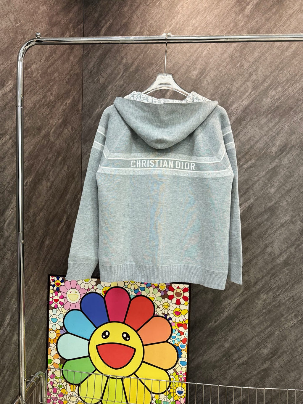 Light blue hooded zip sweatshirt, back view with “CHRISTIAN DIOR” chest band.