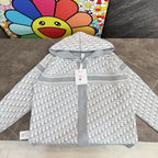 Light gray zip hoodie with repeating Dior logo print and hood with drawstring