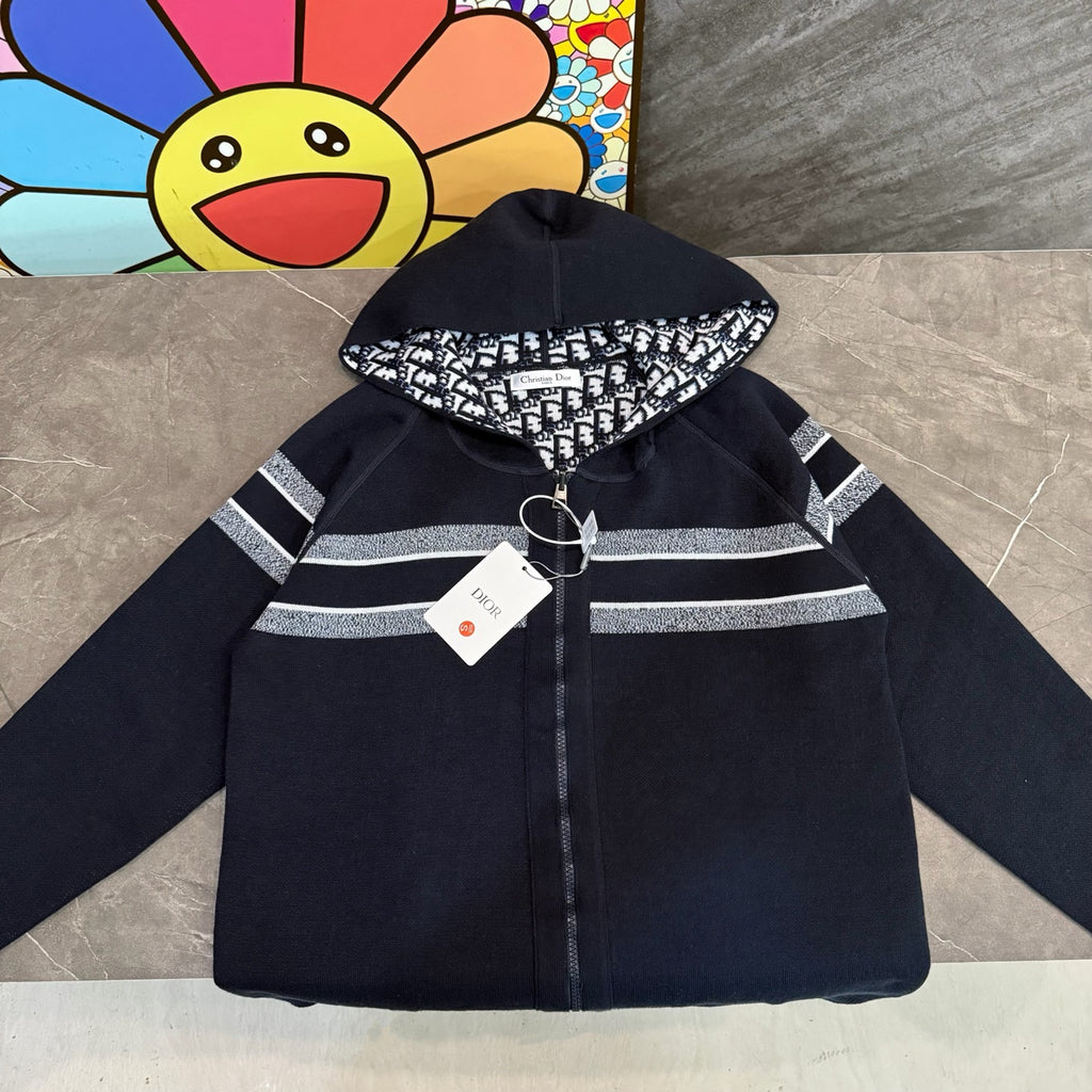 Dark navy zip hoodie with striped design and hood lining with Dior logo print