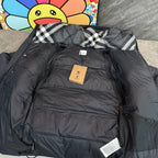 Dark puffer parka with plaid hood lining and front interior label