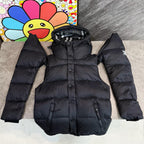 Burberry long puffer jacket with hood, dark fabric, front buttons and zip pockets