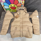 Burberry long puffer jacket with hood, beige fabric, snap front and zip pockets