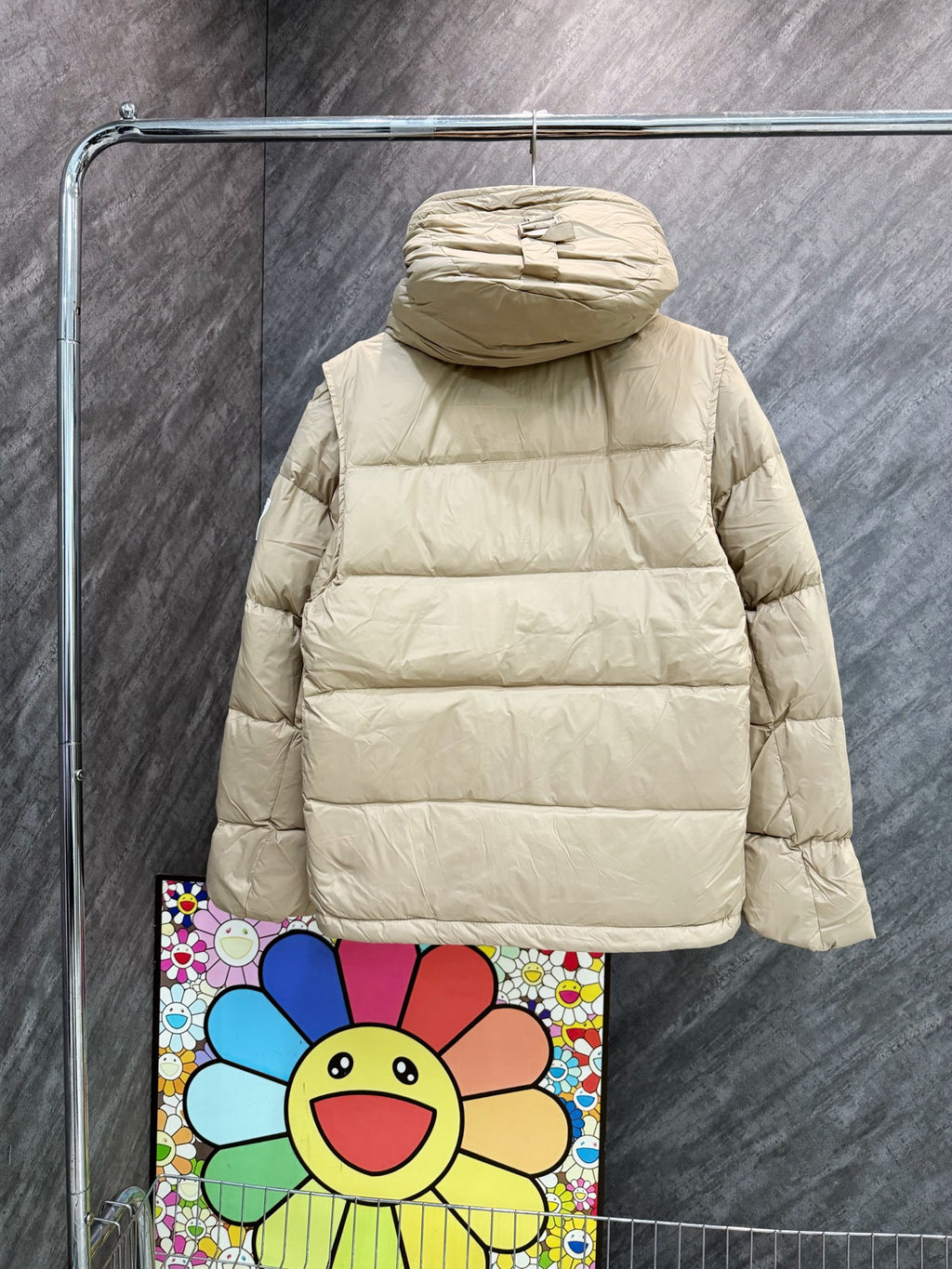 Burberry hooded puffer jacket, light beige quilted back with gathered hood.