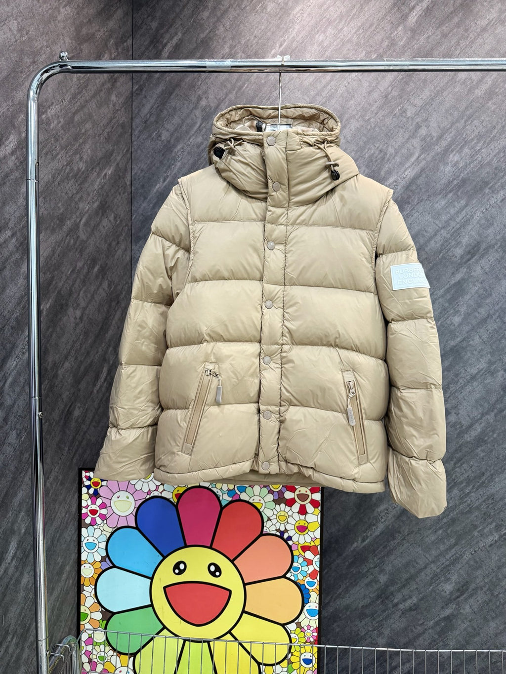 Burberry hooded puffer jacket, light beige quilted front with full zipper.