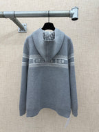 Heather gray zip hoodie, back with Christian Dior logo band and hood