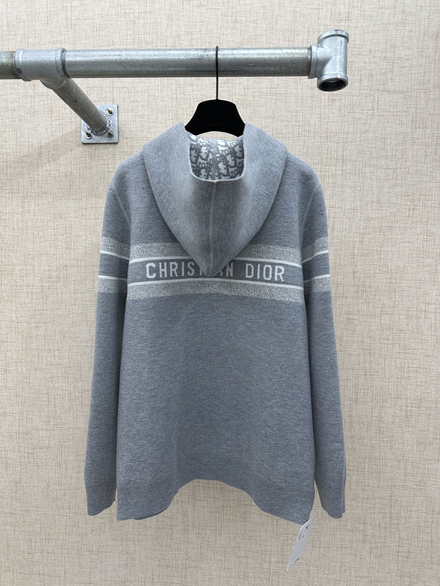 Heather gray zip hoodie, back with Christian Dior logo band and hood