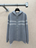 Heather gray zip hoodie with hood, central zipper and striped panel accents