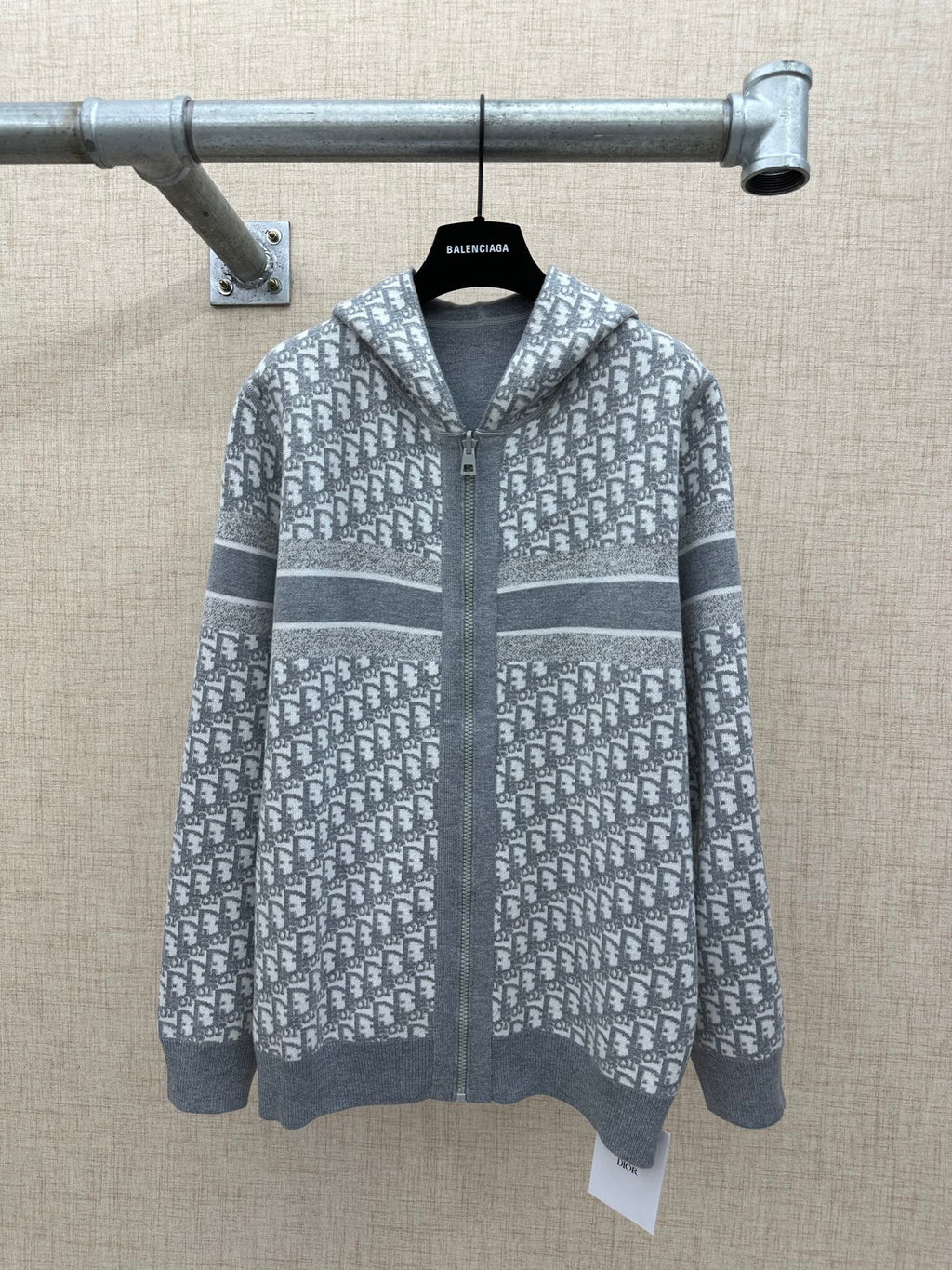 Heather gray patterned zip hoodie with hood and Dior-style text print