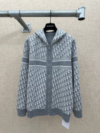 Heather gray patterned zip hoodie with hood and Dior-style text print