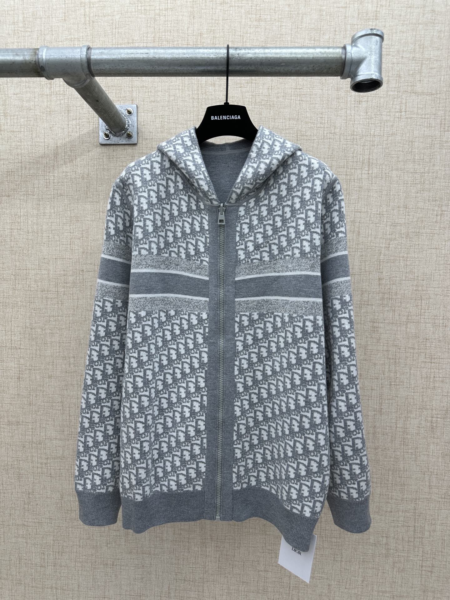 Heather gray patterned zip hoodie with hood and Dior-style text print