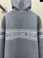 Heather gray zip hoodie back view with hood and Christian Dior logo band