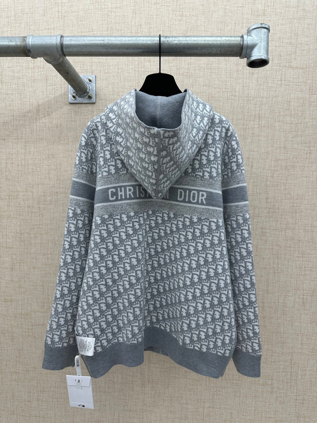 Heather gray patterned zip hoodie with hood, back Christian Dior logo band