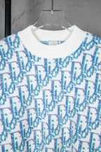 Dior knit sweater close-up: ribbed white crew neck and blue logo pattern