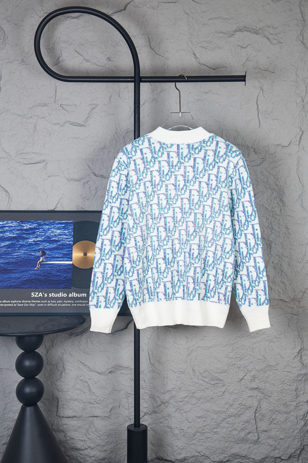 Dior long-sleeve knit sweater with white knit and blue repeating logo pattern