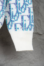 Dior knit sweater lower section with white ribbed hem and blue logo knit