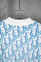 Dior knit sweater back neckline with ribbed collar and blue logo pattern