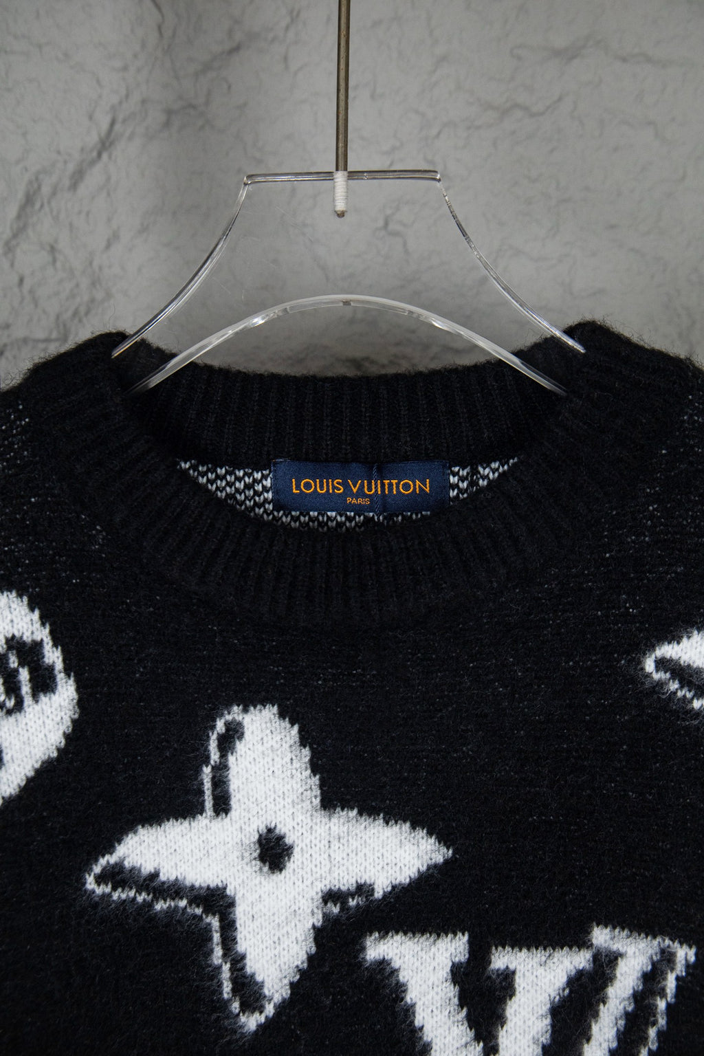 Louis Vuitton sweater neckline detail, ribbed crew neck with woven brand label