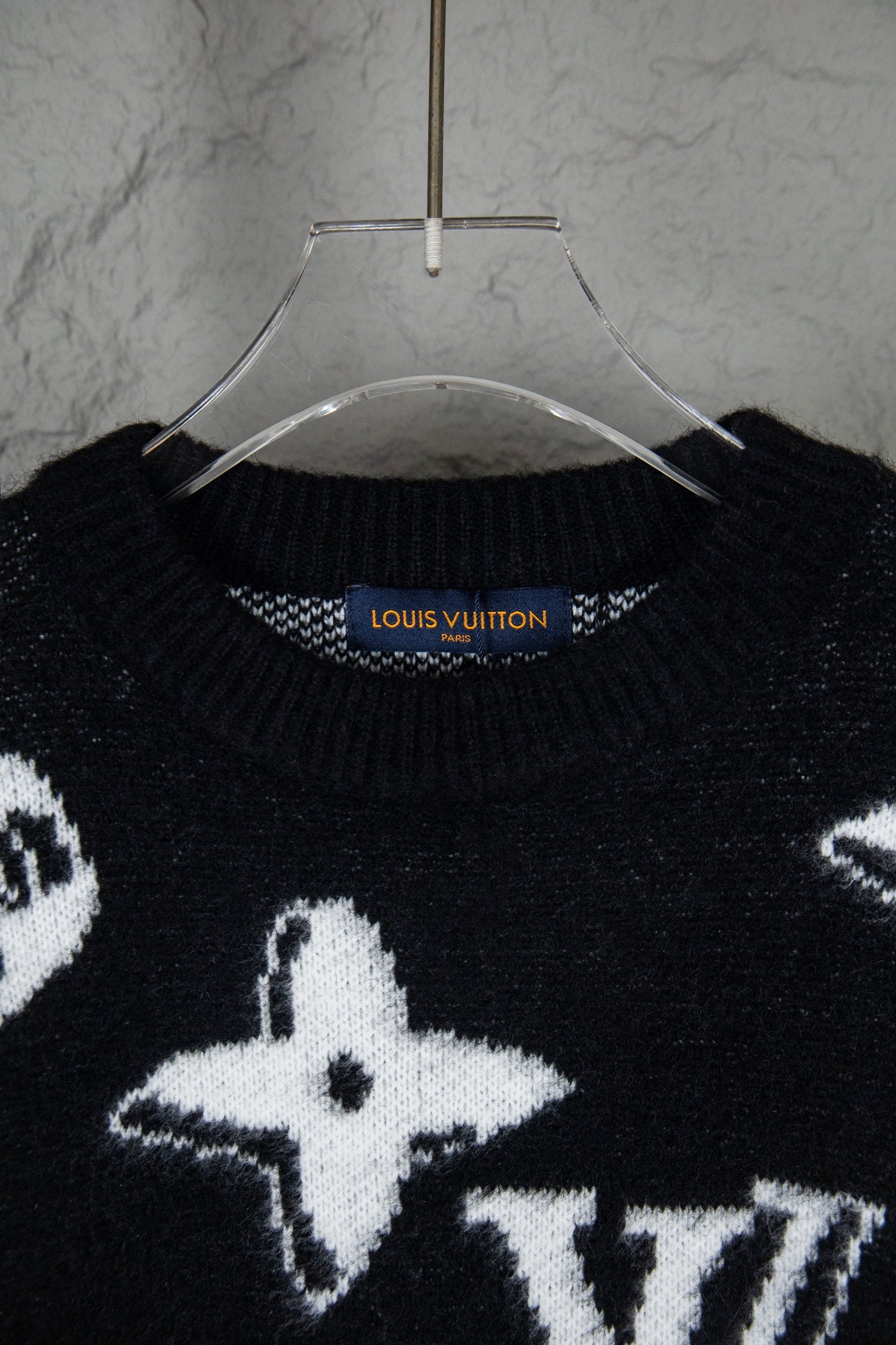 Louis Vuitton sweater neckline detail, ribbed crew neck with woven brand label