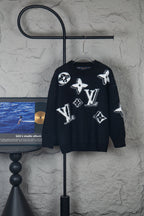 Louis Vuitton long-sleeve sweater, black knit with white graphic monogram motifs
