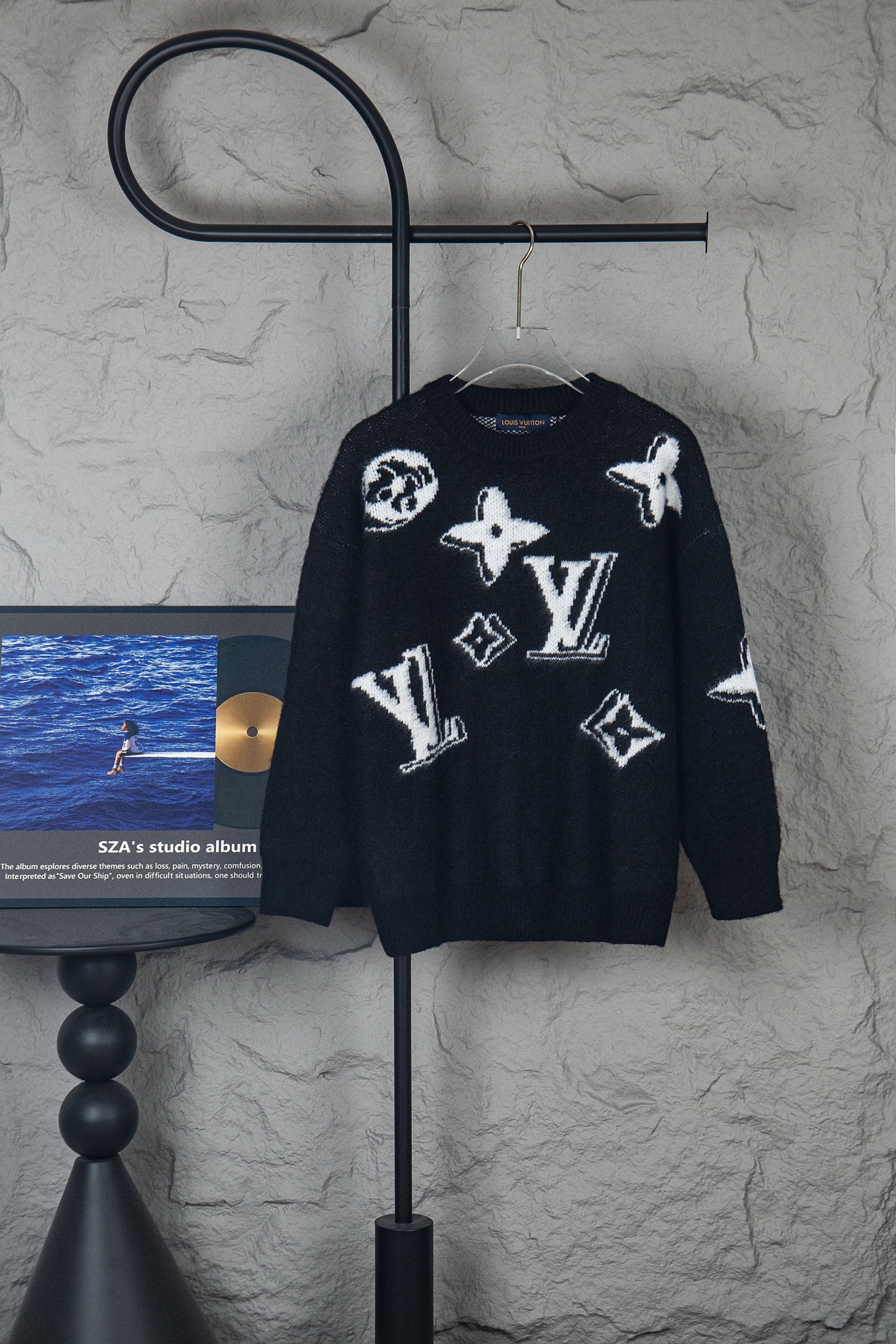 Louis Vuitton long-sleeve sweater, black knit with white graphic monogram motifs