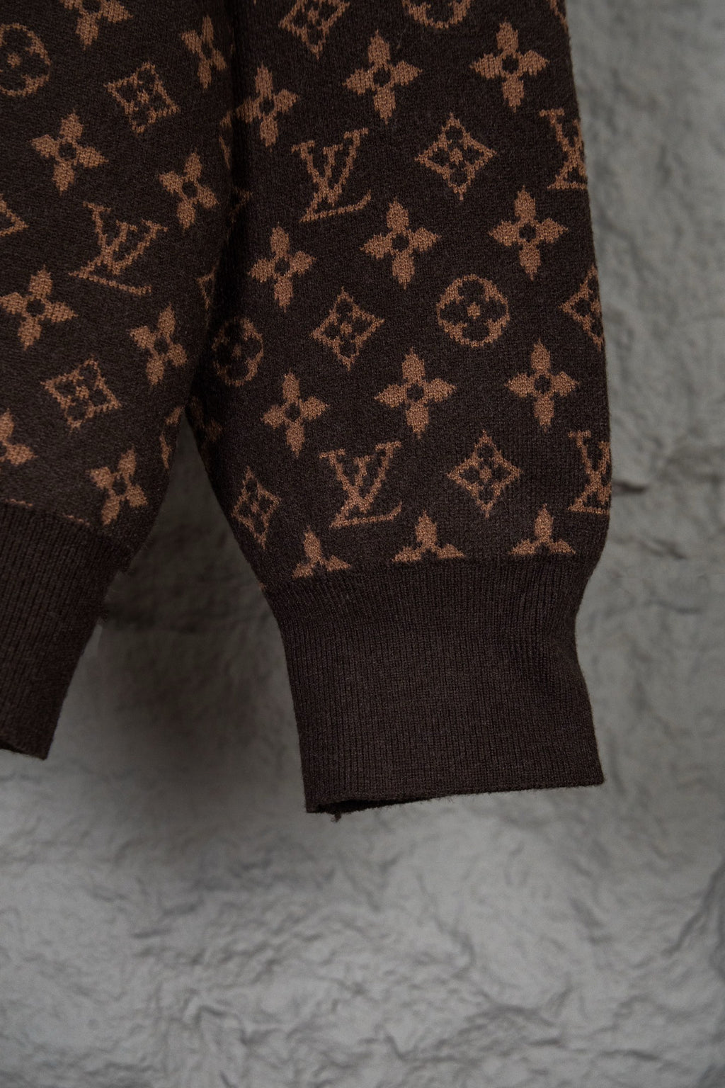 Louis Vuitton monogram sweater cuff and hem, dark brown ribbed knit