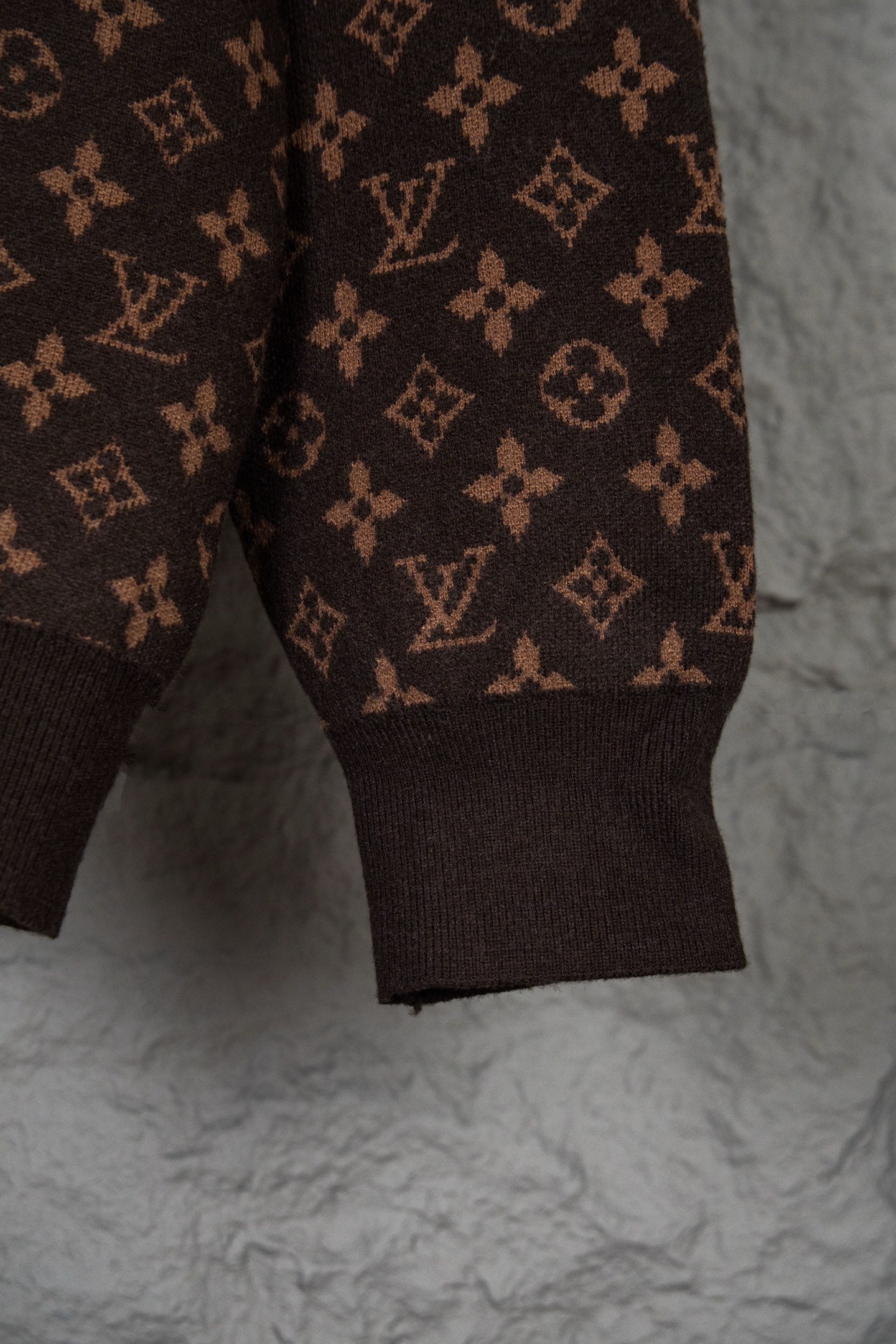 Louis Vuitton monogram sweater cuff and hem, dark brown ribbed knit