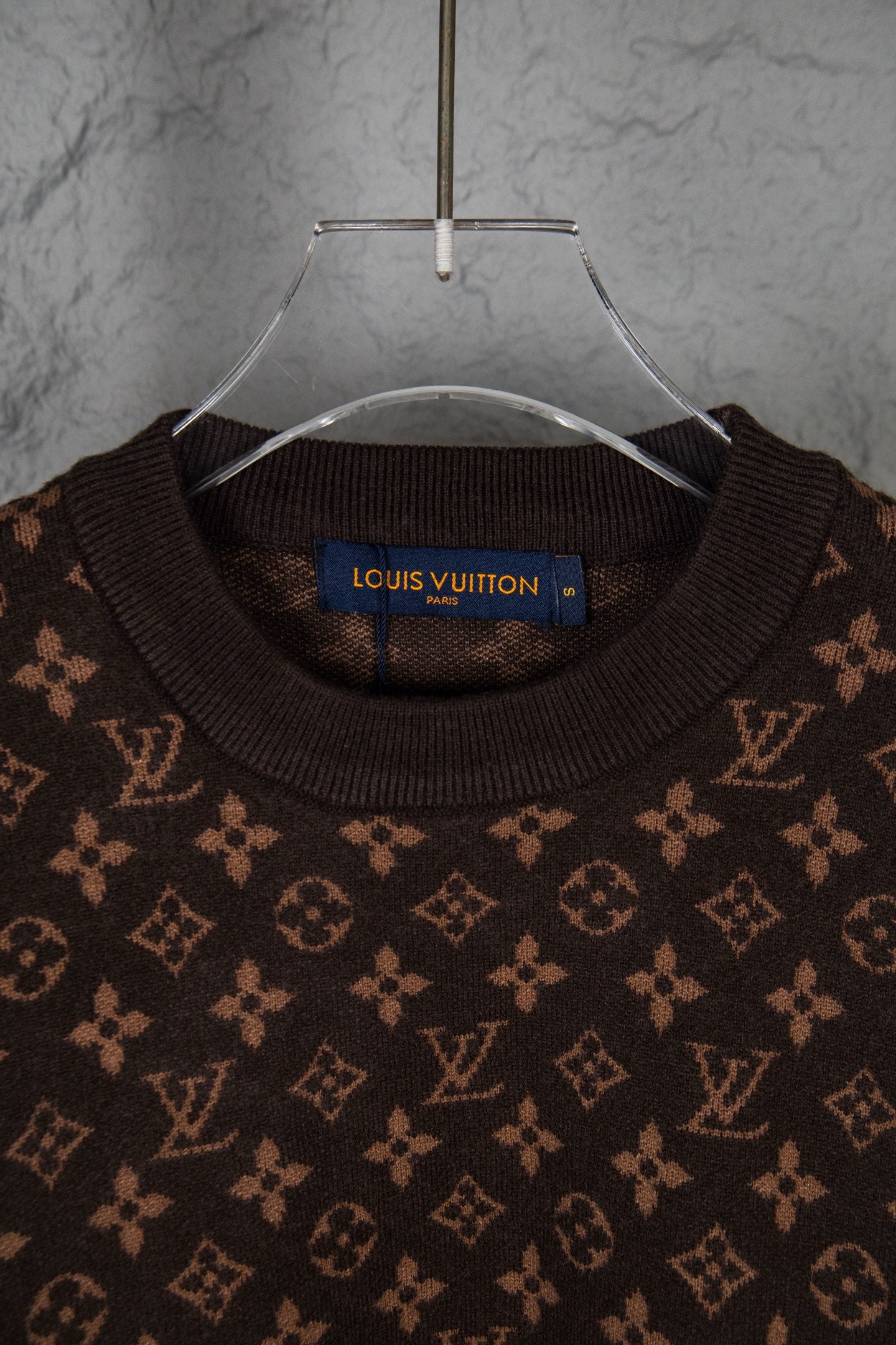 Louis Vuitton monogram crewneck sweater, dark brown logo pattern and ribbed collar