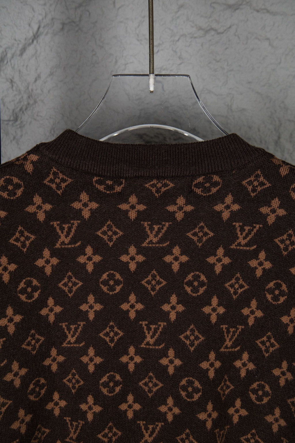 Louis Vuitton monogram knit sweater neckline, dark brown allover logo pattern