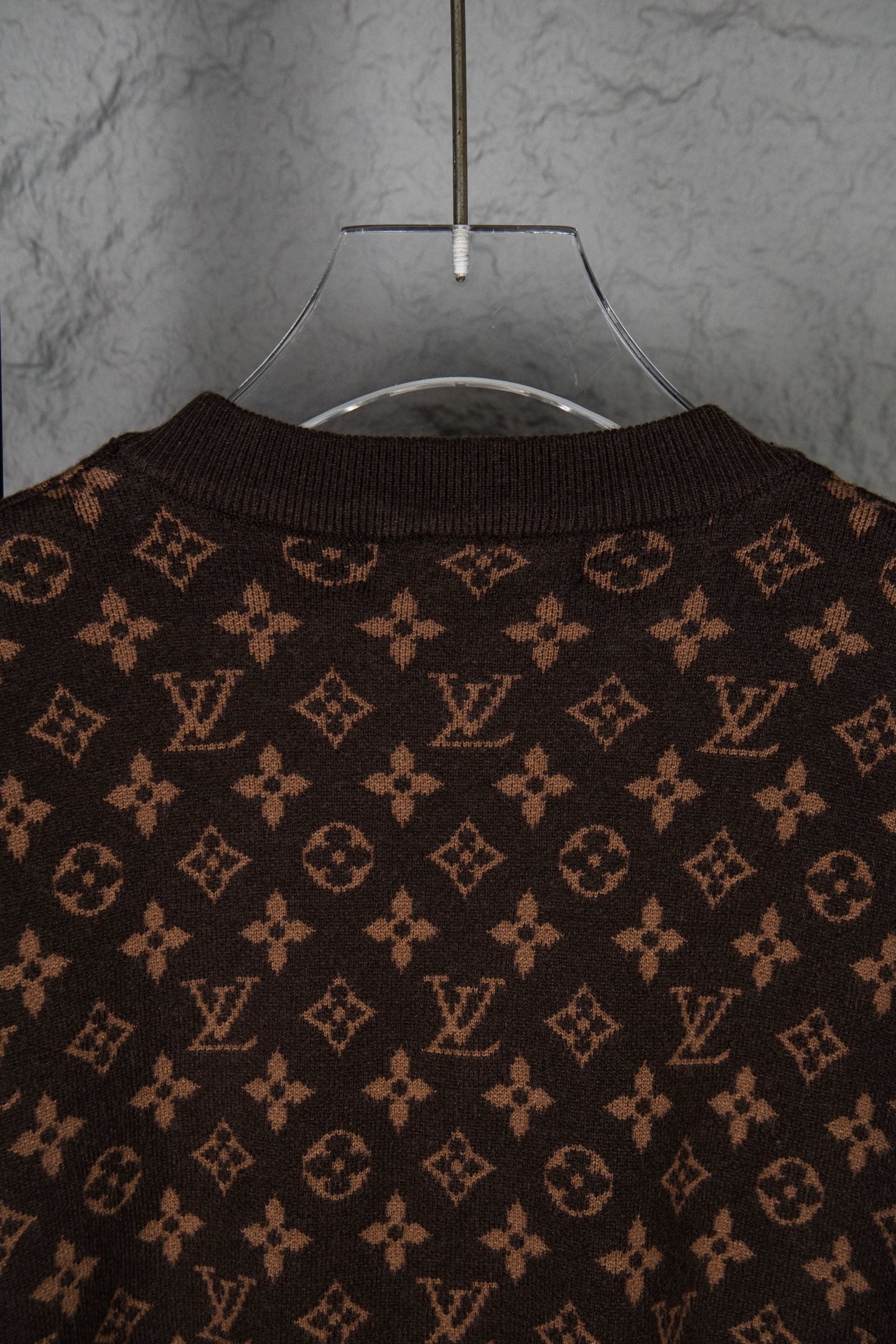 Louis Vuitton monogram knit sweater neckline, dark brown allover logo pattern