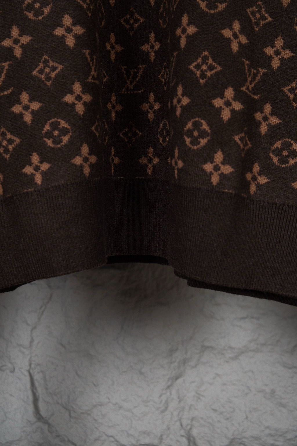 Louis Vuitton monogram knit sweater hem, dark brown ribbed finish