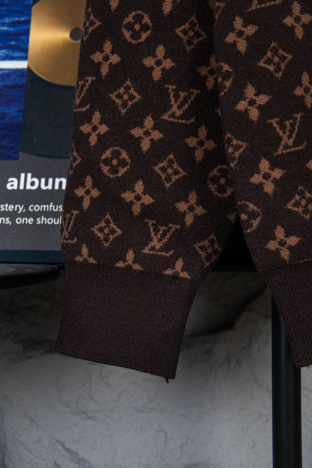 Louis Vuitton monogram knit sweater sleeve and hem, dark brown allover logo pattern