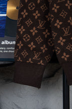 Louis Vuitton monogram knit sweater sleeve and hem, dark brown allover logo pattern