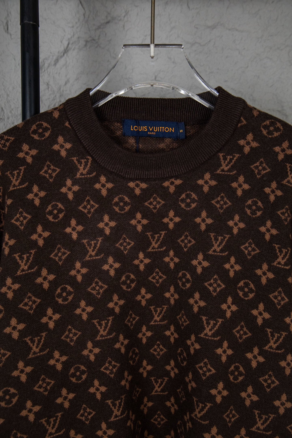 Louis Vuitton monogram knit sweater, dark brown logo pattern at chest and shoulders