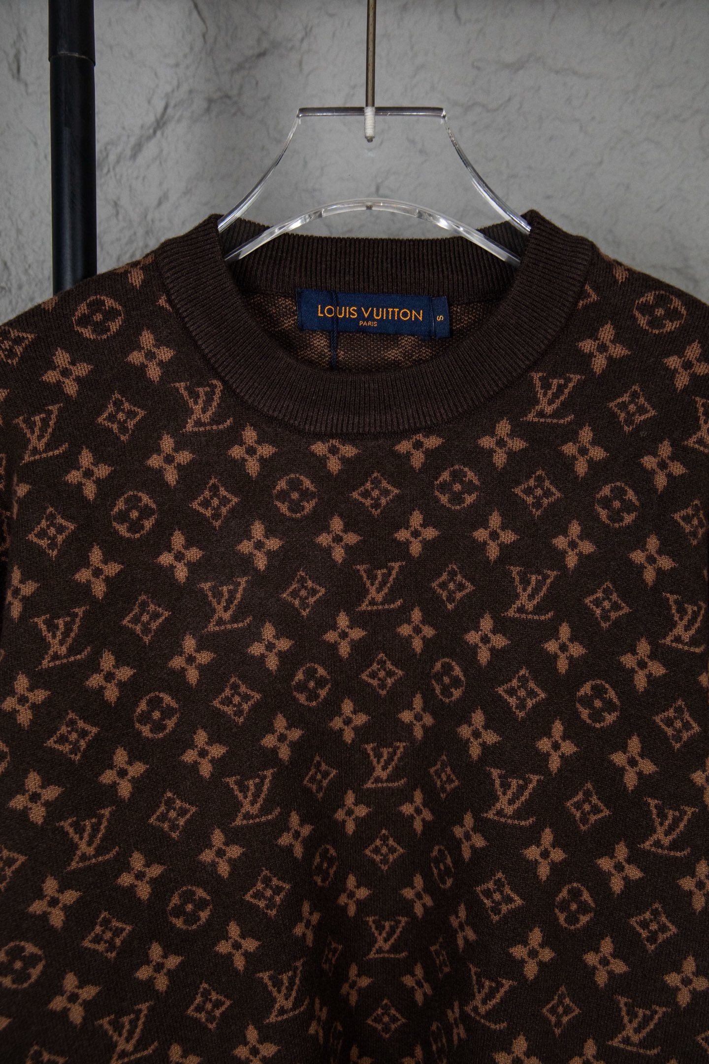 Louis Vuitton monogram knit sweater, dark brown logo pattern at chest and shoulders