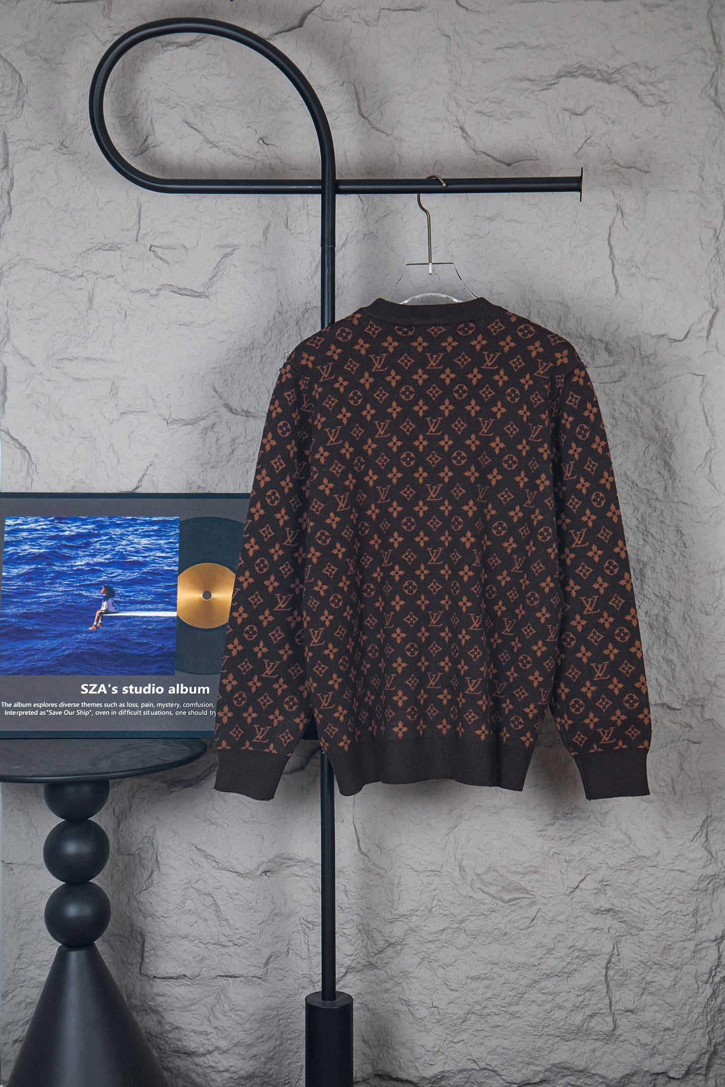 Louis Vuitton monogram crewneck sweater, dark brown allover logo pattern, back view