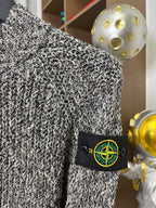 Textured zip jacket sleeve with Stone Island patch, black-and-white speckled knit