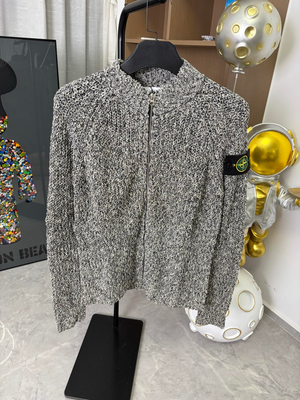 Textured zip jacket in black and white speckle, stand collar, full front zipper